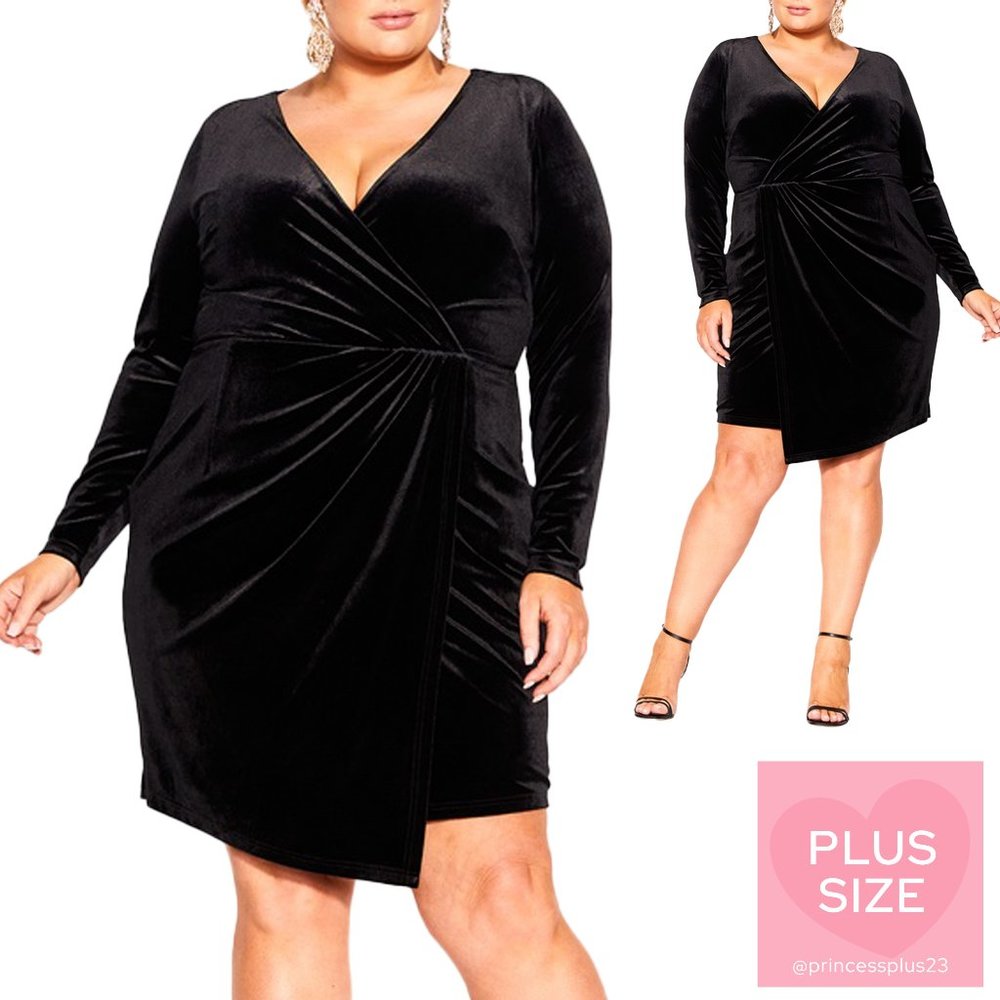 City Chic | *PLUS SIZE* | Clare Asymmetrical Velvet Dress - Black